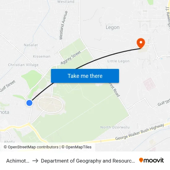 Achimota Hospital to Department of Geography and Resource Development, University of Ghana map