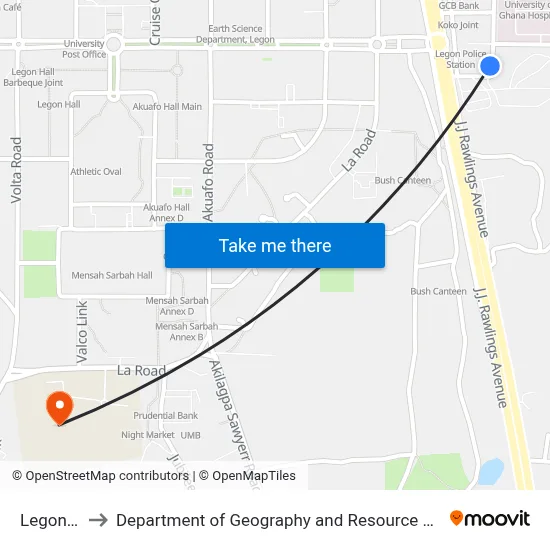 Legon Station to Department of Geography and Resource Development, University of Ghana map