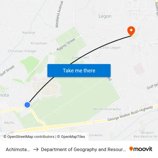 Achimota Club House to Department of Geography and Resource Development, University of Ghana map