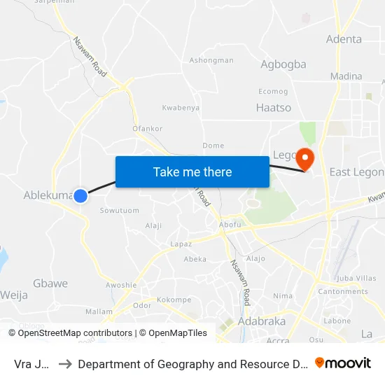 Vra Junction to Department of Geography and Resource Development, University of Ghana map