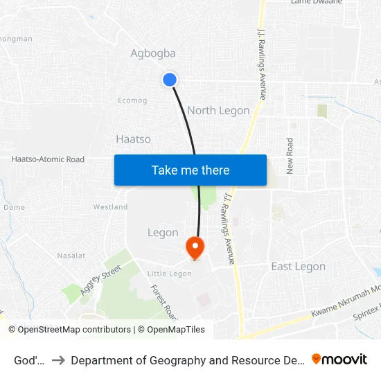 God's Way to Department of Geography and Resource Development, University of Ghana map