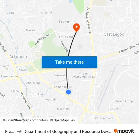 Frensho to Department of Geography and Resource Development, University of Ghana map