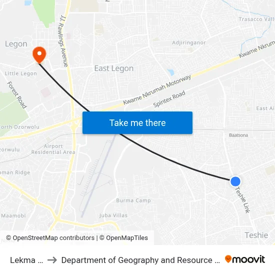 Lekma Hospital to Department of Geography and Resource Development, University of Ghana map