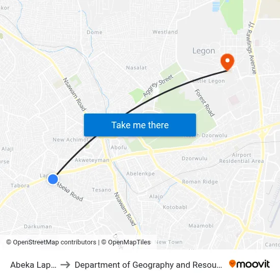 Abeka Lapaz Last Stop to Department of Geography and Resource Development, University of Ghana map