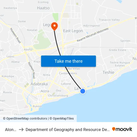 Alonte Bar to Department of Geography and Resource Development, University of Ghana map