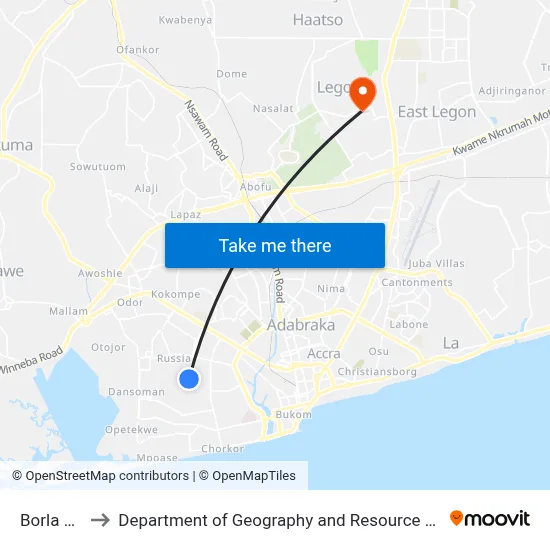 Borla Junction to Department of Geography and Resource Development, University of Ghana map