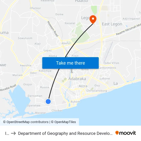 Ibe to Department of Geography and Resource Development, University of Ghana map