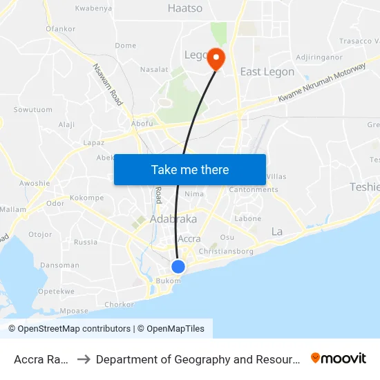 Accra Rawlings Park to Department of Geography and Resource Development, University of Ghana map