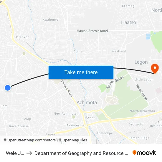 Wele Junction to Department of Geography and Resource Development, University of Ghana map
