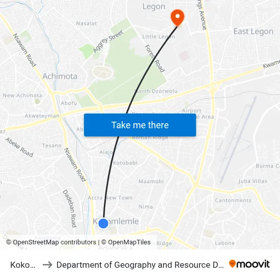 Kokomlemle to Department of Geography and Resource Development, University of Ghana map