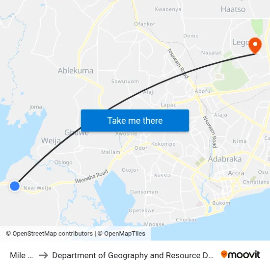 Mile Eleven to Department of Geography and Resource Development, University of Ghana map