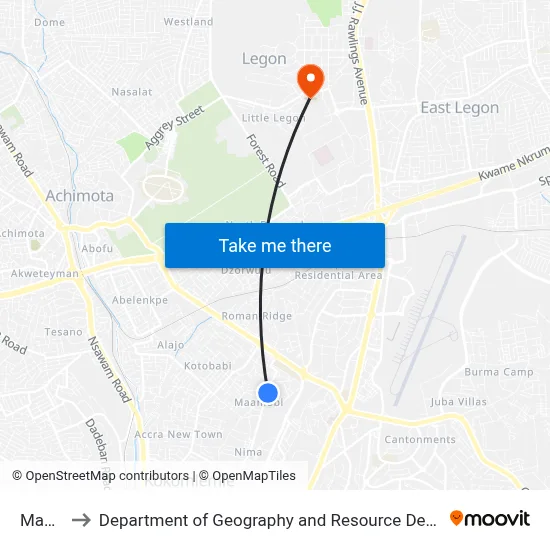 Maamobi to Department of Geography and Resource Development, University of Ghana map