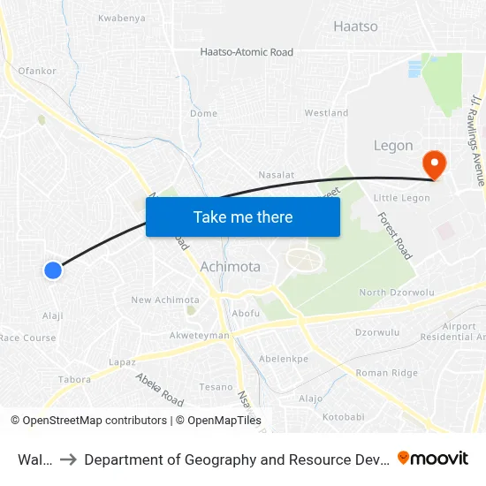 Walaako to Department of Geography and Resource Development, University of Ghana map