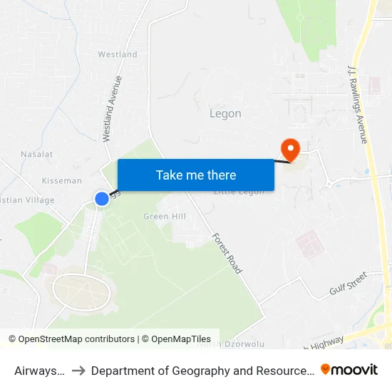 Airways Junction to Department of Geography and Resource Development, University of Ghana map