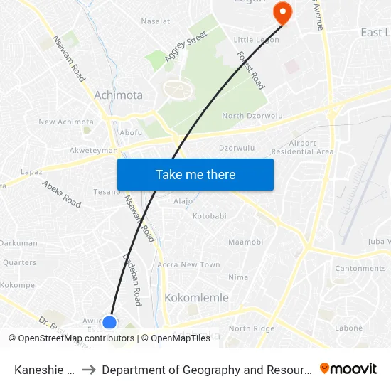 Kaneshie Roundabout to Department of Geography and Resource Development, University of Ghana map