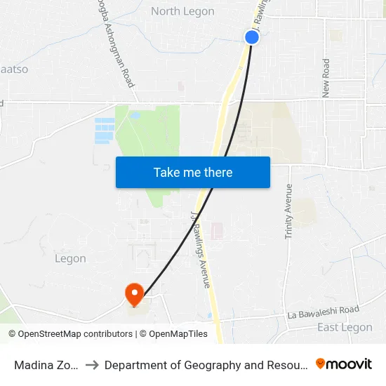 Madina Zongo Junction to Department of Geography and Resource Development, University of Ghana map