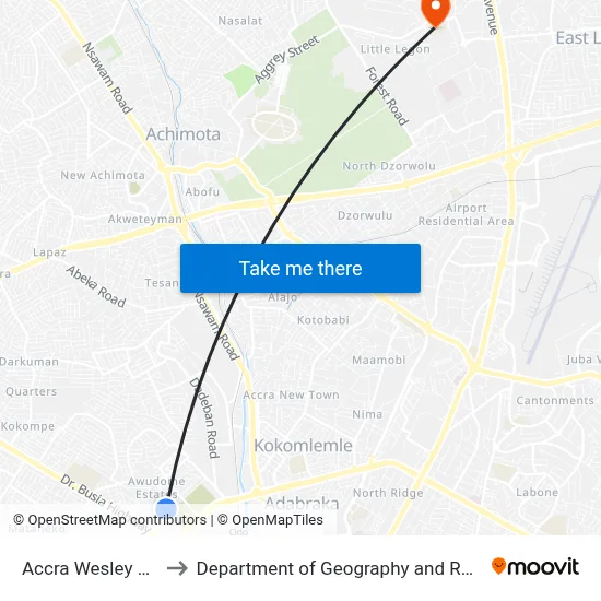 Accra Wesley Girls School Junction to Department of Geography and Resource Development, University of Ghana map