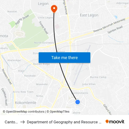 Cantonments to Department of Geography and Resource Development, University of Ghana map