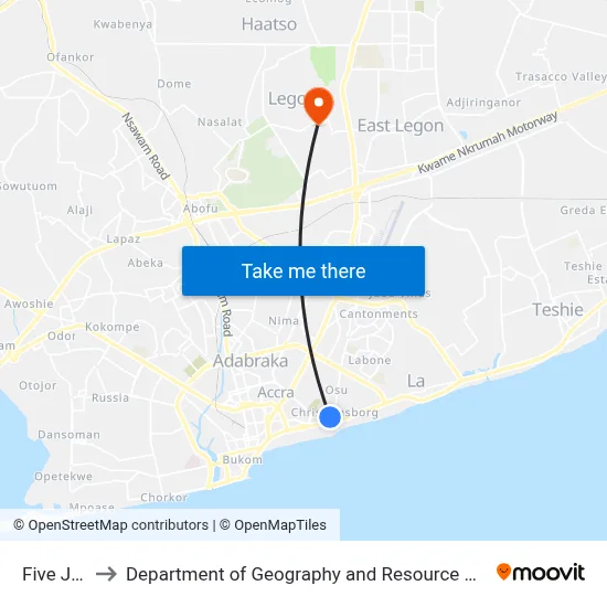 Five Junction to Department of Geography and Resource Development, University of Ghana map