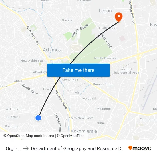Orgle Street to Department of Geography and Resource Development, University of Ghana map