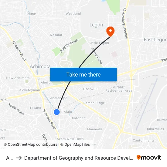 Alajo to Department of Geography and Resource Development, University of Ghana map