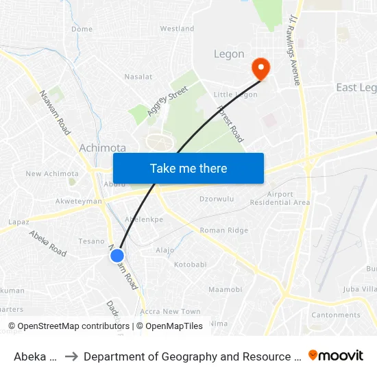 Abeka Junction to Department of Geography and Resource Development, University of Ghana map