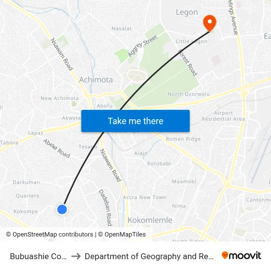 Bubuashie Control (Old Station ) to Department of Geography and Resource Development, University of Ghana map