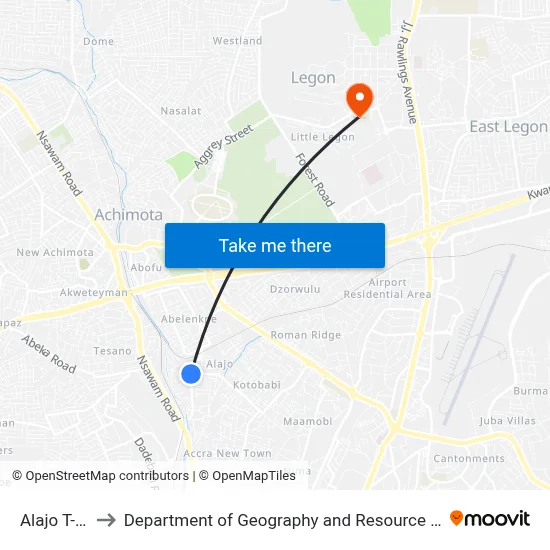 Alajo T-Junction to Department of Geography and Resource Development, University of Ghana map