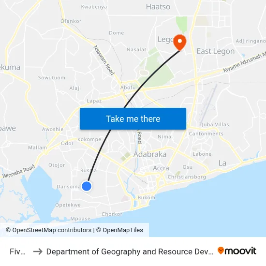 Five Five to Department of Geography and Resource Development, University of Ghana map