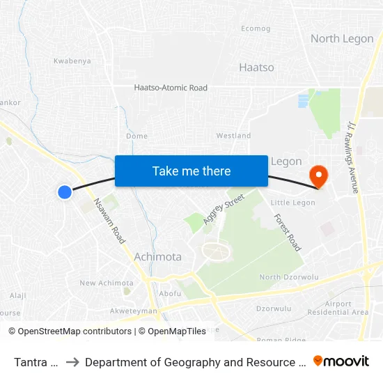 Tantra Resevoir to Department of Geography and Resource Development, University of Ghana map