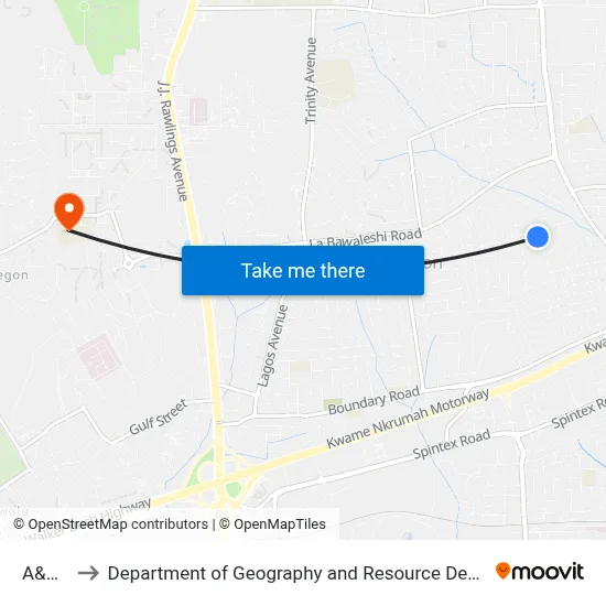 A&C Mall to Department of Geography and Resource Development, University of Ghana map