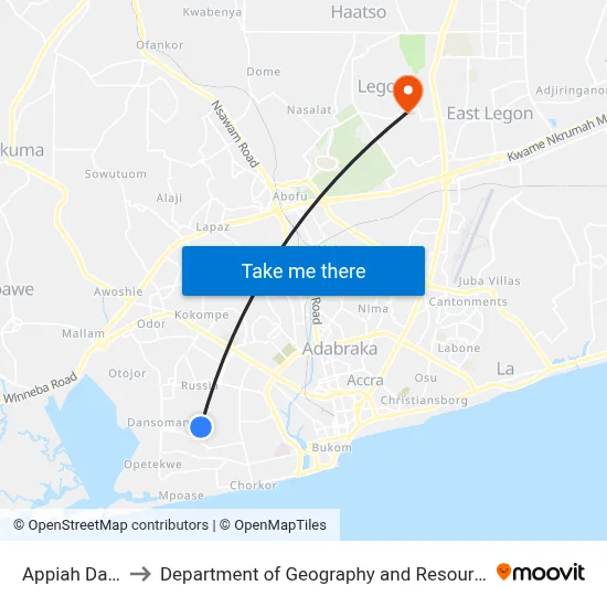 Appiah Danquah/Soko to Department of Geography and Resource Development, University of Ghana map