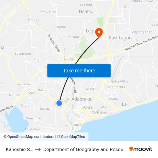 Kaneshie Second Bridge to Department of Geography and Resource Development, University of Ghana map