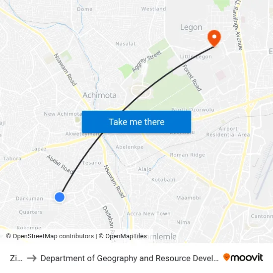 Ziggy to Department of Geography and Resource Development, University of Ghana map
