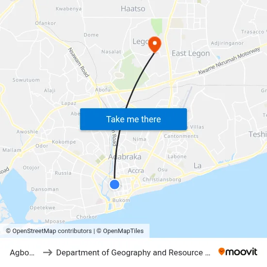 Agbogbloshie to Department of Geography and Resource Development, University of Ghana map