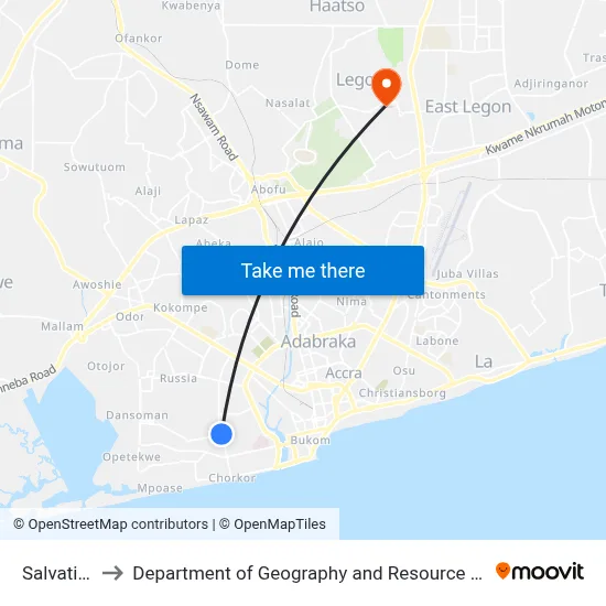 Salvation Army to Department of Geography and Resource Development, University of Ghana map