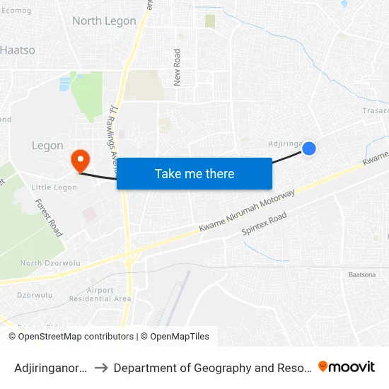 Adjiringanor (Block Factory) to Department of Geography and Resource Development, University of Ghana map