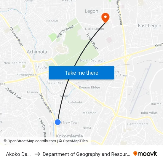 Akoko Darko Junction to Department of Geography and Resource Development, University of Ghana map