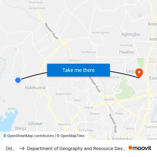 Oduman to Department of Geography and Resource Development, University of Ghana map
