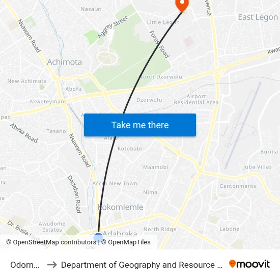 Odorna Market to Department of Geography and Resource Development, University of Ghana map