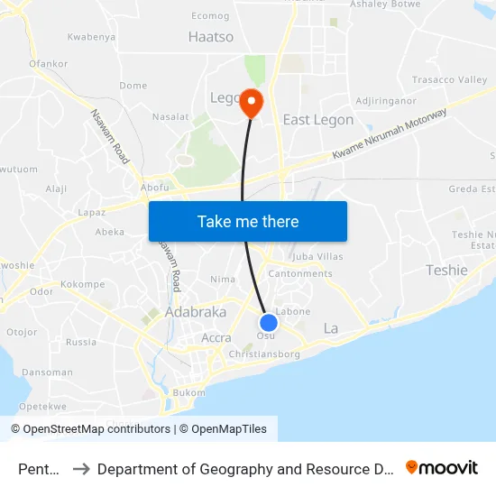 Penta Hotel to Department of Geography and Resource Development, University of Ghana map