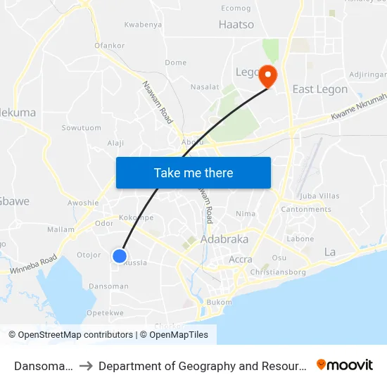 Dansoman Polyclinic to Department of Geography and Resource Development, University of Ghana map