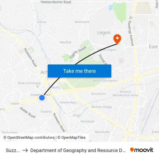 Suzzy's Inn to Department of Geography and Resource Development, University of Ghana map
