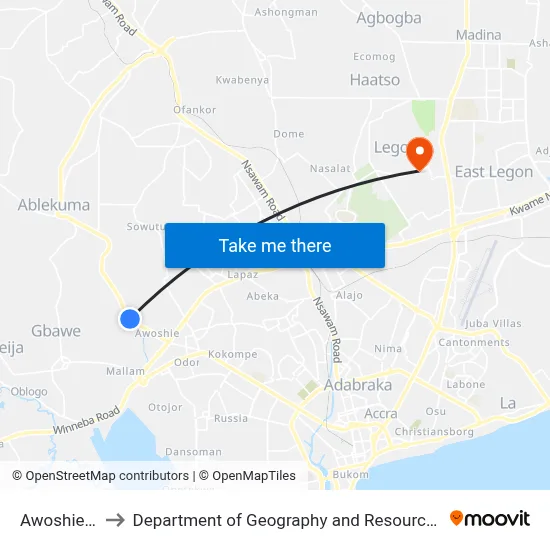 Awoshie Last Stop to Department of Geography and Resource Development, University of Ghana map