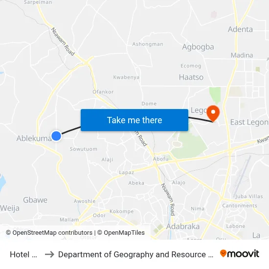 Hotel Junction to Department of Geography and Resource Development, University of Ghana map