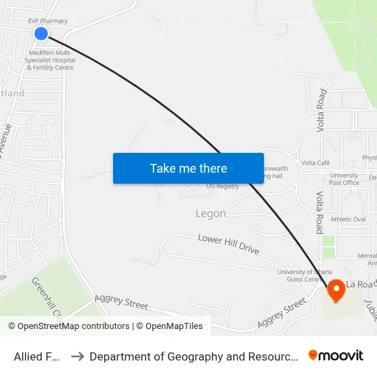 Allied Fuel Station to Department of Geography and Resource Development, University of Ghana map