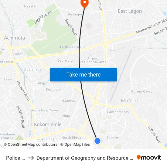 Police Hospital to Department of Geography and Resource Development, University of Ghana map