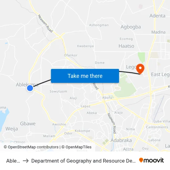 Ablekuma to Department of Geography and Resource Development, University of Ghana map