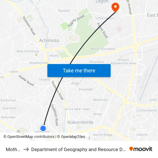 Mothers Inn to Department of Geography and Resource Development, University of Ghana map
