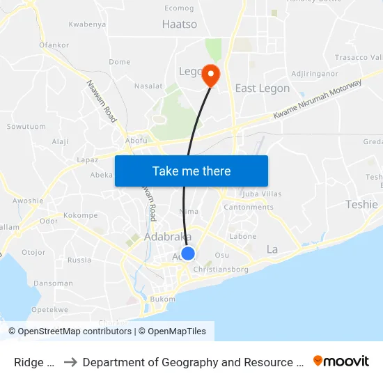 Ridge Hospital to Department of Geography and Resource Development, University of Ghana map